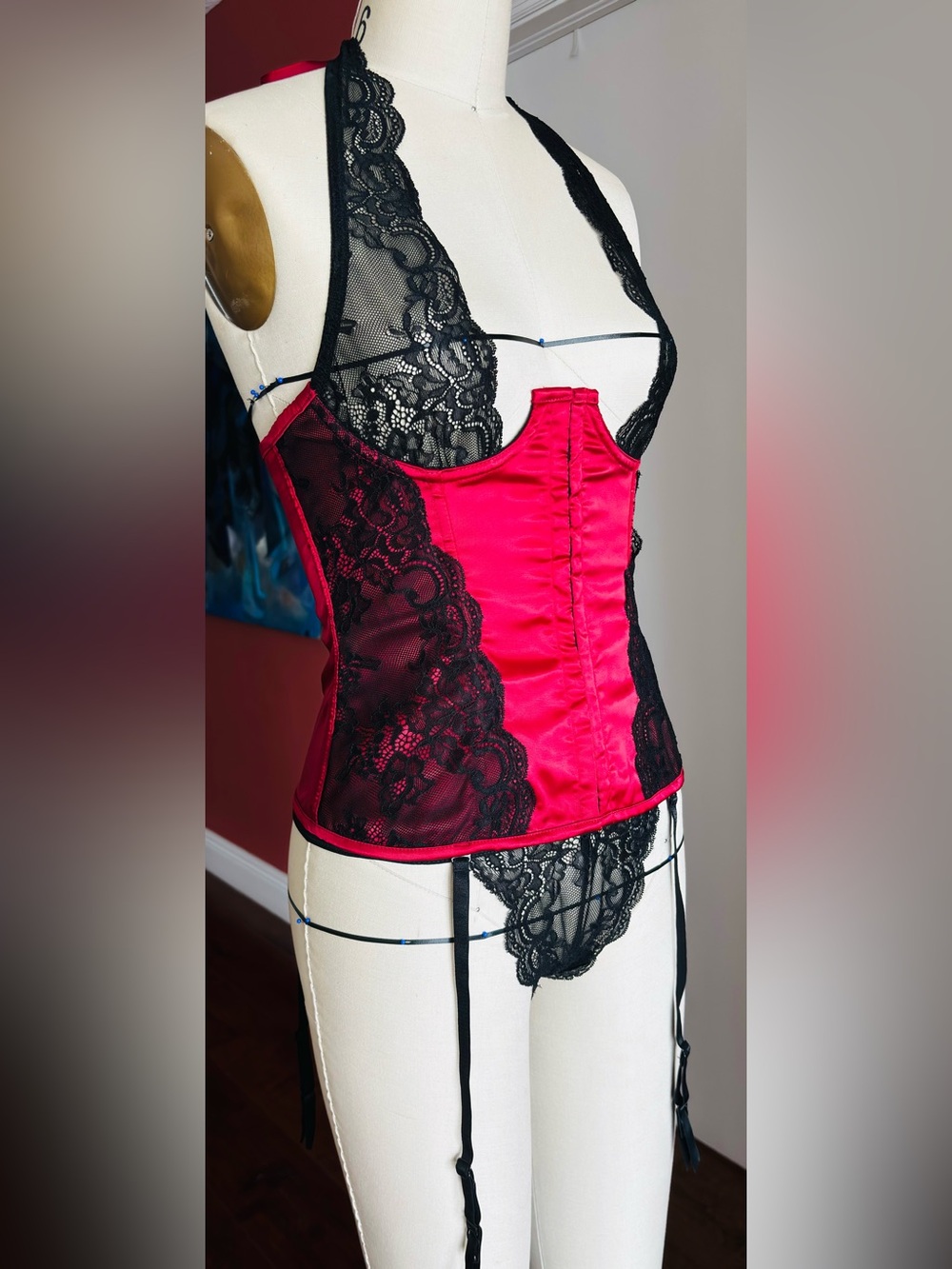 NWOT - Red Satin and Black Lace Bustier Corset & G-string Set- Women's Shapewear